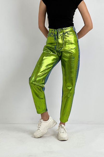 So Sweet Blugi de damă cu picioare largi, talie înaltă, pantaloni din denim verde mom