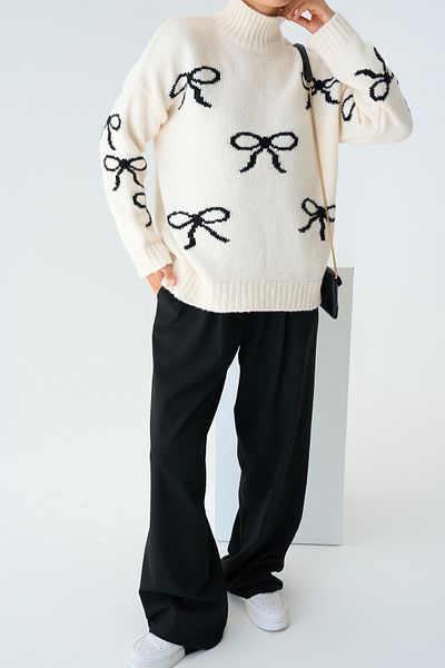 Qu Style Women's Cream Half Fisherman Ribbon Motif Knitwear Sweater