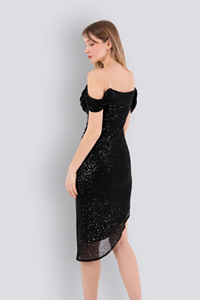 HOX'S Gisele | Payetli Şeffaf Askılı Midi Abiye Elbise Carmen Yaka Düşük Kol Asimetrik Etek - Siyah