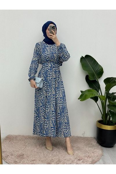Modamorfo Indigo Patterned Belt Dress - Elastic Waist