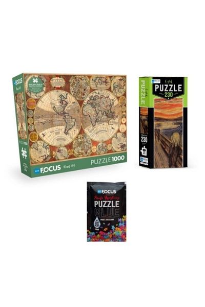 Blue Focus Set of 3 Puzzle - 1000 Pieces Old World Map + 230 Pieces Scream + Puzzle Adhesive