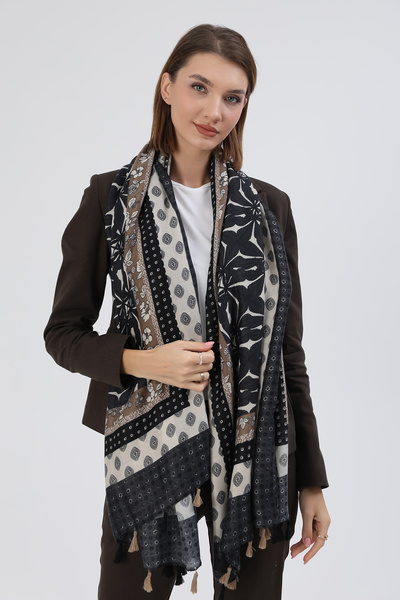 REMSA Black Women's Shawl - Patterned and Tassel Detailed 5074