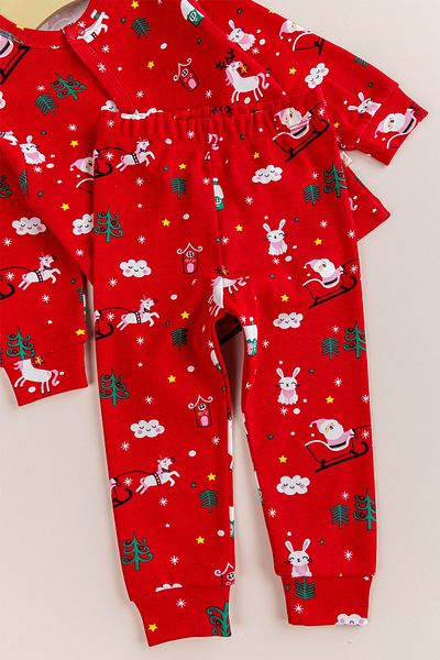 Babymod New Year's Themed Cotton Unisex Red Kids Pajamas Set