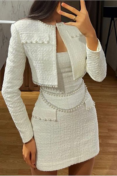 Neşeli Butik Pearl Embroidered Women's Crop Jacket and Dress Set - Nbemp2278