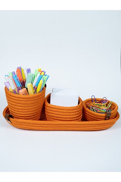 OneSize Orange Natural Jute Rope - Study and Office Desk, 4-Piece Pen Holder Set