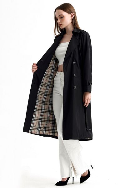 MD trend Women's Belted Neck and Sleeves Detailed Lined Double Breasted Trench Coat