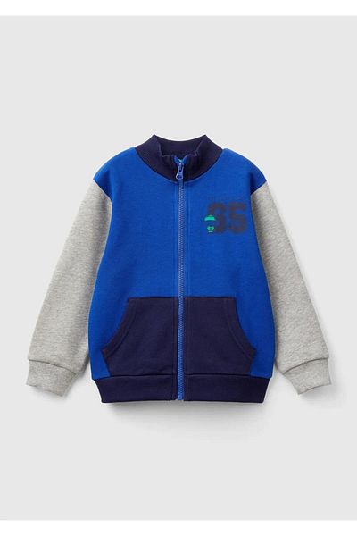 United Colors of Benetton Erkek Çocuk Saks Mavi Mix Logo Baskılı Cepli Fermuarlı Kapüşonlu Dik Yaka