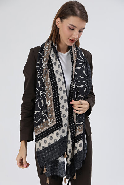 REMSA Black Women's Shawl - Patterned and Tassel Detailed 5074