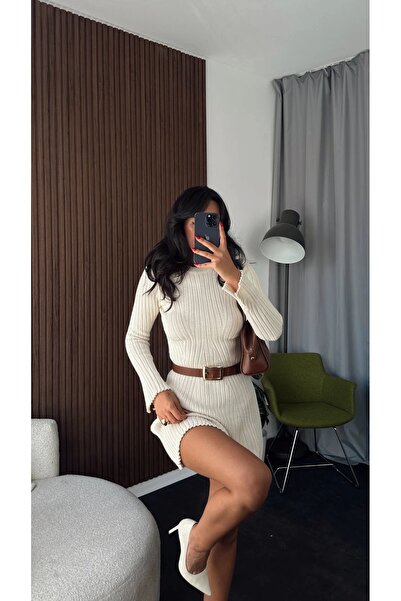 hiraz fashion Kadın krem  Mini Fitilli Kışlık Triko Elbise