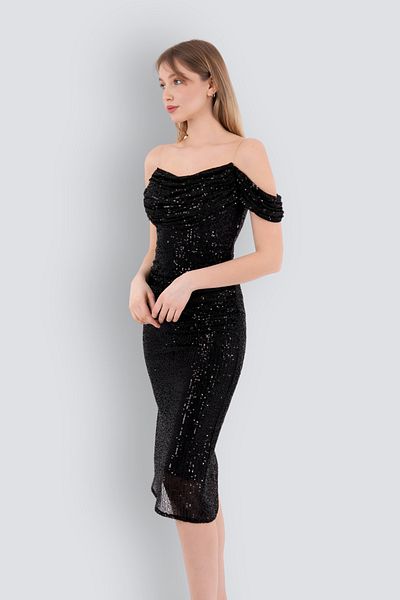 HOX'S Gisele Black Midi Evening Dress - Sequined Carmen Collar, Asymmetrical Skirt