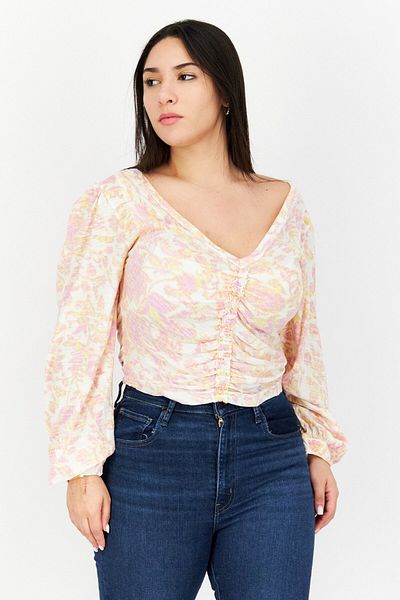 Free People Women V Neck Long Sleeve Floral Blouse, Pink Combo