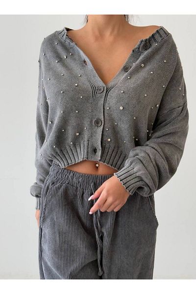 Luna Carina Women's Gray Stone Detailed Effect Washing Sweater Cardigan