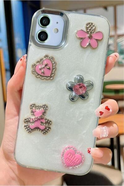 3GEN CASE İphone 11 Uyumlu 3D Taş Kurdele Kelebek Kalp İşleme Motifli Sert Kapak
