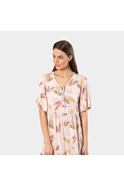TÜREN Türen Leaf Print Short Sleeve Dress 3354/Powder