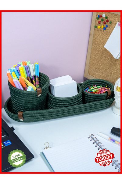 OneSize 4-Piece Pen Holder Set in Khaki Green - Natural Jute Rope Top, Study and Office Desk