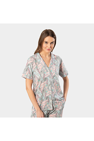 TÜREN Leaf Pattern Short Sleeve Shirt Collar Pajama Set 3395/Grey