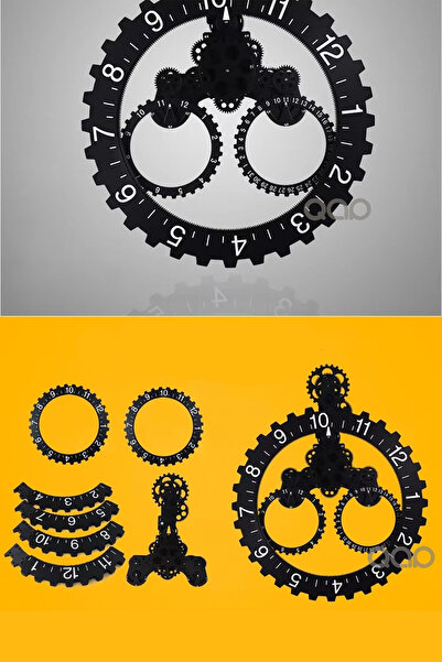 TEKNOHANE Mekanik Duvar Saati 3D Modern Büyük Duvar Saati Mekanik Takvim Tekerlek Siyah