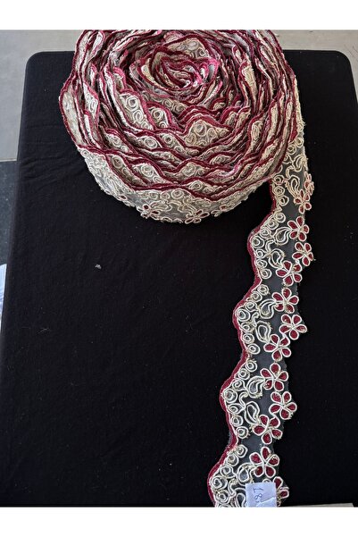 Butik Fransız kortlu büyük dantel Güpür 5 metre bordo krem imza tekstil