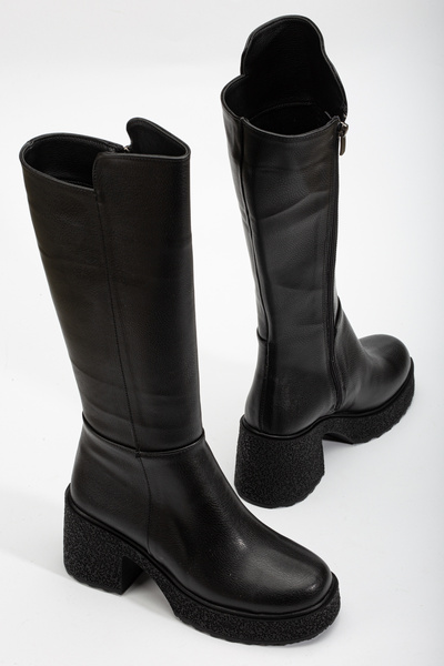 geeta Women's Thick Sole Platform Heeled Zippered Below Knee Black Leather Boots
