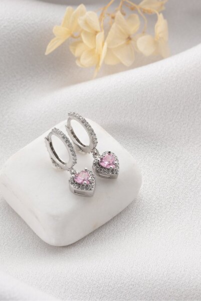 ESSARE 925 Ayar Gümüş Rodyum Kaplama Sallantılı Kalp Model Pembe Taşlı Küpe