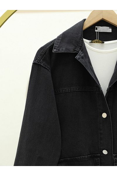 Modamorfo Jachetă cămașă din denim cu tăietură ovală cu buzunar - neagră