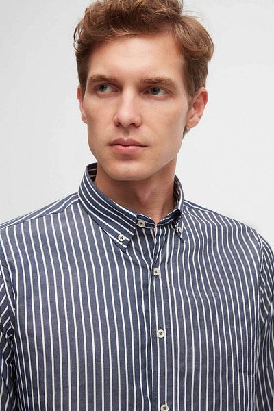 D'S Damat Slim Fit Navy Blue Striped Shirt