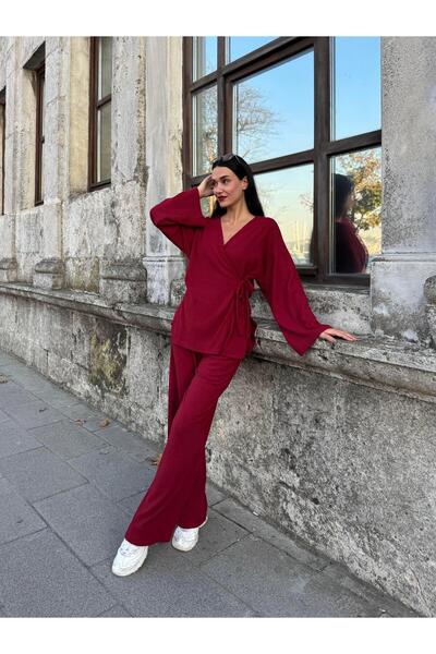 minaaise Set de damă, bordeaux, cu cravată laterală, cu nervuri, 28316