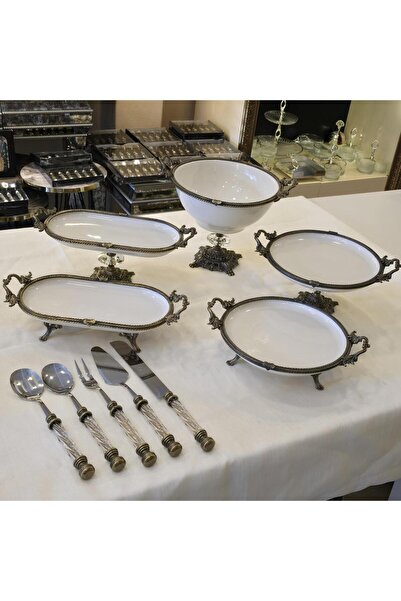 AlyaHomeAksesuar Metal Çerçeveli Ayaklı Kaseli 10 Parça Porselen Sunum Seti A...