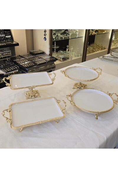 AlyaHomeAksesuar Metal Çerçeveli 4 Parça Porselen Sunum Seti Gold