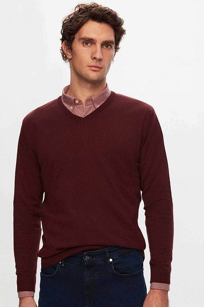 D'S Damat Weinroter Strickpullover mit V-Ausschnitt und normaler Passform