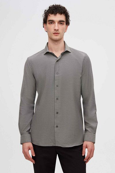 D'S Damat Slim Fit Anthracite Italian Neckline Dobby Long Sleeve Easy to Iron Breathable Four Seasons