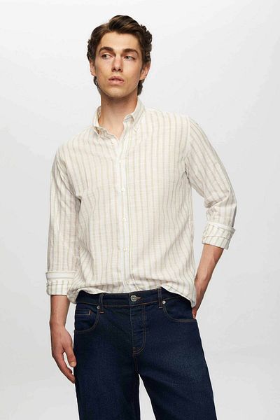 D'S Damat Slim Fit Μπεζ ριγέ γιακά με κουμπιά 100% βαμβακερό πουκάμισο με καλοκαιρινή λινό εμφάνιση