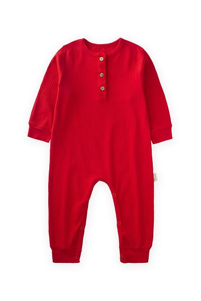 Cigit 0-3 Years Red Ribbed Jumpsuit - Cuffed