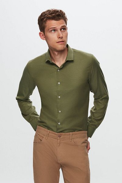 D'S Damat Slim Fit Khaki Dobby-Hemd aus Baumwolle mit halbem italienischem Kragen