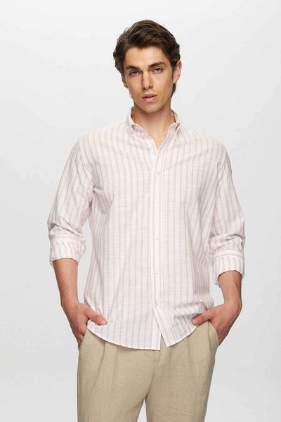 D'S Damat Ροζ ριγέ Slim Fit πουκάμισο - 100% βαμβάκι, γιακάς με κουμπιά, φλεγόμενο καλοκαιρινό λινό look