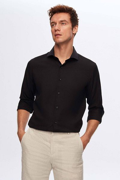 D'S Damat Schwarze Slim-Fit – italienischer Kragen, Dobby-Langarm, leicht zu bügeln, atmungsaktiv, Vier-Jahreszeiten-Kleid