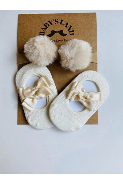 Babyland School Socks Baby Girl/Child Cream Pompom Rubber Bandana And Cream Ballerina Socks