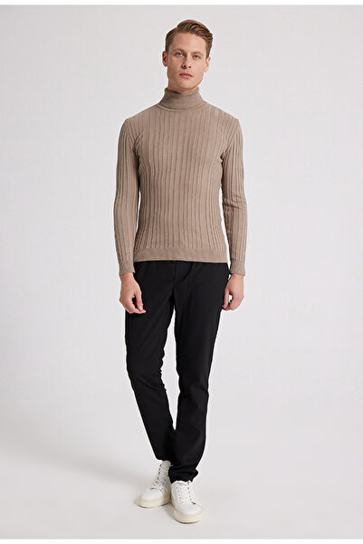 D'S Damat Beige Slim Fit Corded Cotton Turtleneck Knitwear Sweater