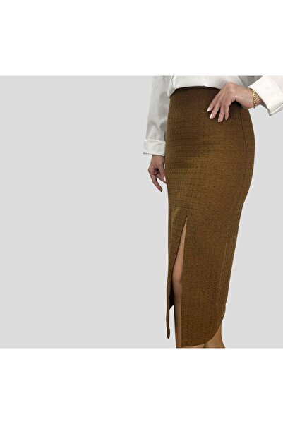 ABAS Tüvit Kumaş Çikolata Kahve Önden Yırtmaçlı Midi Boy Astarlı Etek