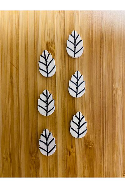 Kartopu Leaf Shaped Patterned Painting Wooden Button. Narrow Hole. 13 X 20 Mm. Pack of 6. White.