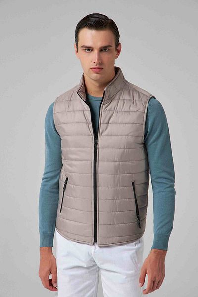 D'S Damat Gray Regular Fit Stand Collar Fiber Filled Zippered Seasonal Vest Coat