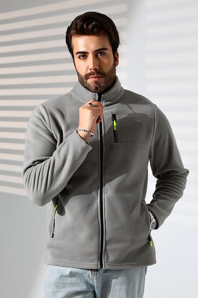 TİJA Men's Zippered Pocket, Anthrast Melange Fleece Cardigan, Jacket, Anti Pilling, Anti Pilling Fleece