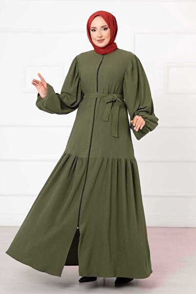 dilber fashion Balloon Sleeve Belted Pocket Zippered Ferace