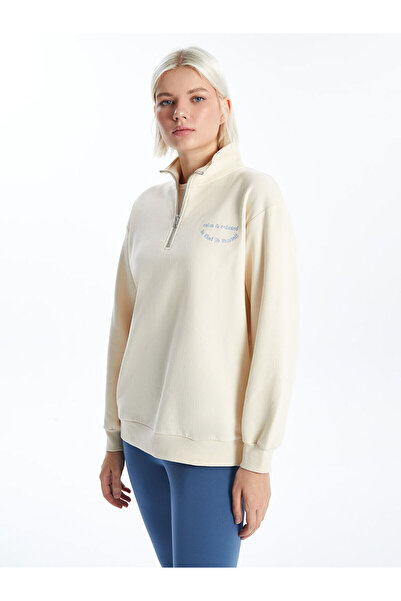 LC Waikiki Azestrend New Season Mock Neck Embroidered Oversized Women's Thick Sweatshirt