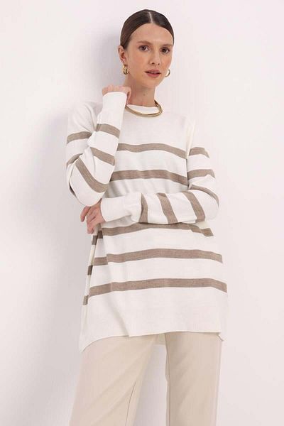 ALLDAY Ecru-Beige-Basic Striped Cycling Collar Sweater