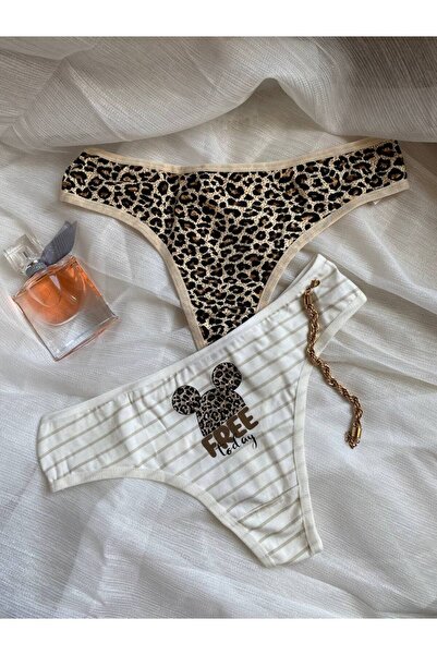 İNSPİRA Pamuklu Elastan Kadın Külot Tanga 2'li Paket Leopar Fare Desenli String Model