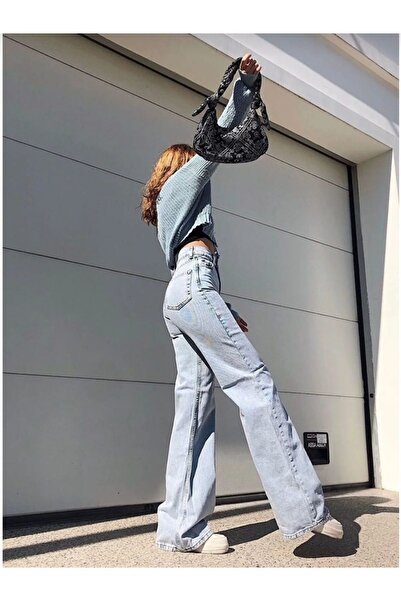 TRENDNATUREL Jessi Snow Wash Ανοιχτό μπλε Lycra Σούπερ ψηλόμεσο με φαρδύ πόδι Palazzo Loose Jean παντελόνι