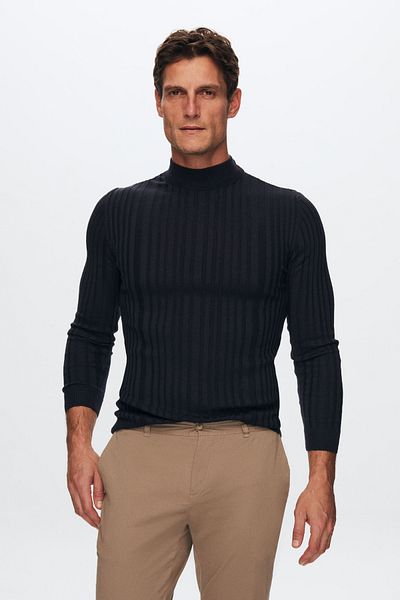 D'S Damat Amestec de bumbac slim fit albastru bleumarin care definește liniile corpului - Pulover de tricotaj pe jumătate cu gât