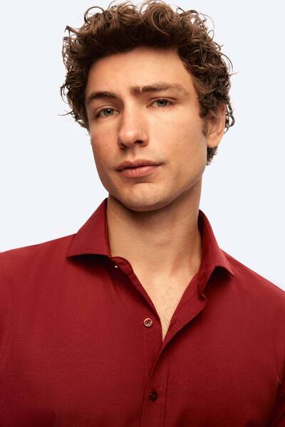 D'S Damat Ds Damat Slim Fit Bordo Klasik Kravatlık Uzun Kol Kolay Ütülenebilir Gömlek