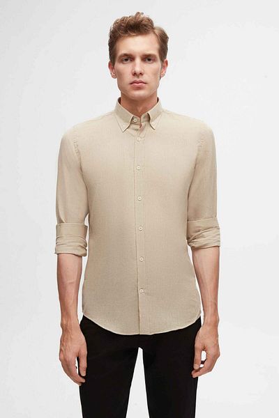 D'S Damat Beiges Slim Fit Sommerhemd - 100% Baumwolle, Knopfkragen, Flammen-Leinen-Optik